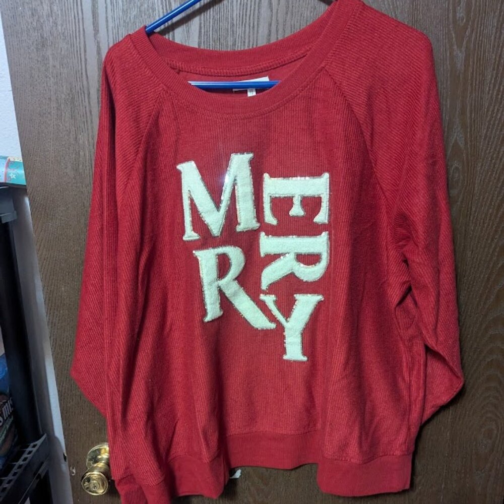 Womens  Merry Chenille Sequin Embroidered Relaxed Fit Pullover  size XXL